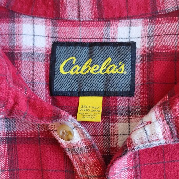 Cabelas Men's 2XL-Tall Red Plaid Flannel Shirt Button Up Long Sleeves - Picture 9 of 10